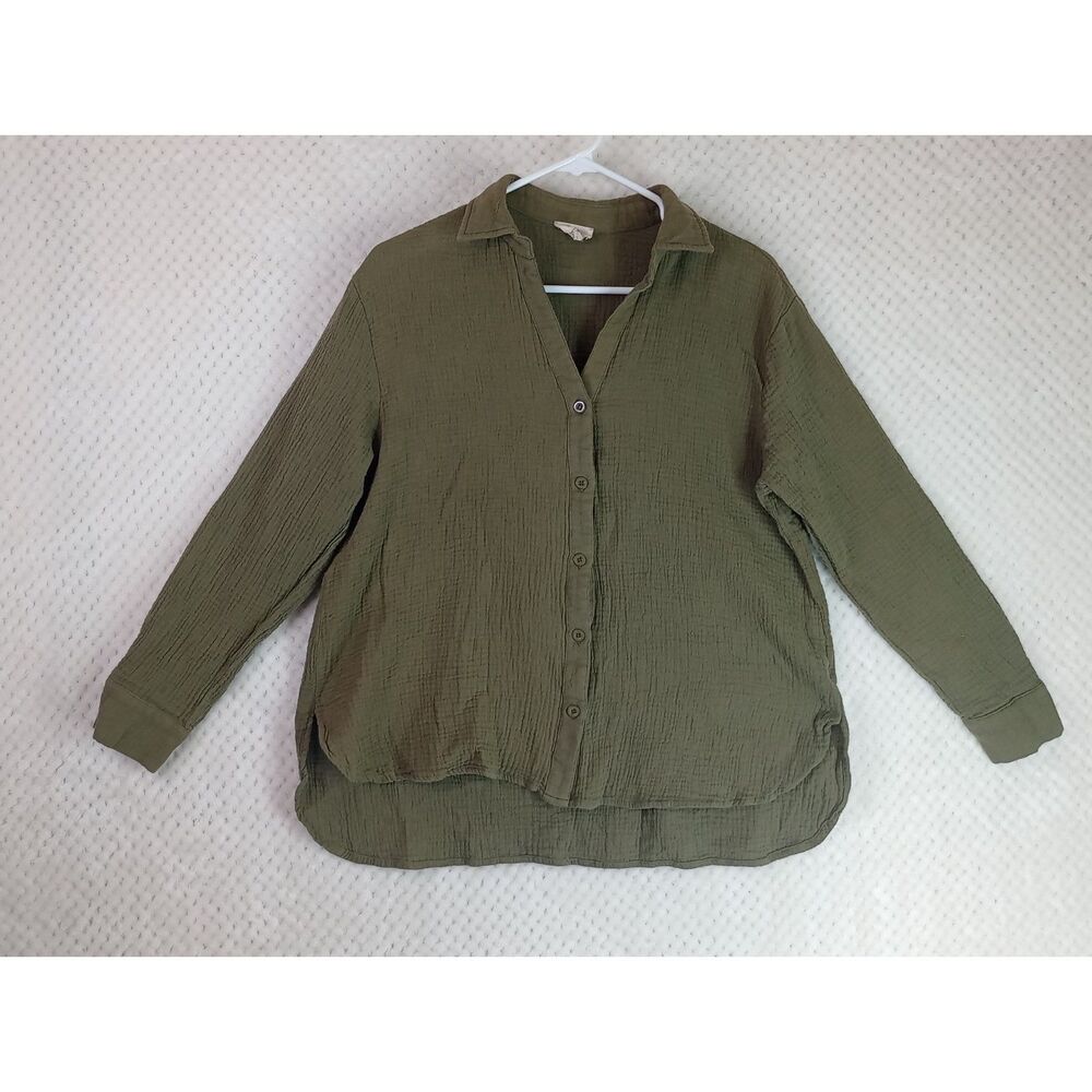 Bibi Crinkle Gauze Button Up High Low Shirt Olive Green Women's Small